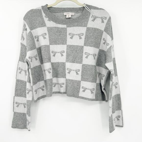 Sincerely Jules Womens‎ Fall Bow Checkered Crewneck Knit Sweater Size L Gray - Picture 1 of 8